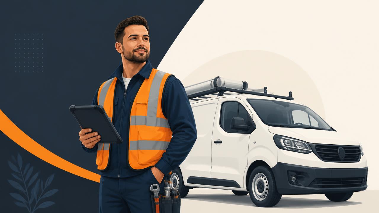 Trade professional using RIGGR on a tablet beside a service van